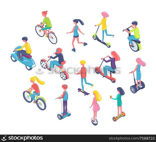 People using eco transport vector, man and woman riding bikes an scooters flat style. Isolated teenagers on bicycles and modern hoverboards flat style. Eco Transport, People Riding Bicycles and Scooters