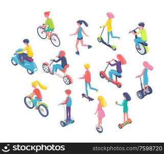 People using eco transport vector, man and woman riding bikes an scooters flat style. Isolated teenagers on bicycles and modern hoverboards flat style. Eco Transport, People Riding Bicycles and Scooters