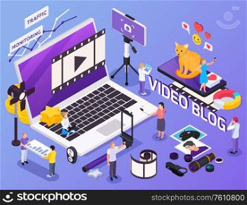 People using equipment for taking photos making videos and keeping blog isometric composition 3d vector illustration. Video Blog Isometric Composition