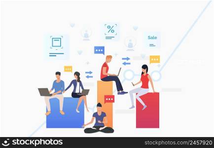 People using gadgets and communicating. Network, information sharing, gadget concept. Vector illustration can be used for topics like business, technology, communication. People using gadgets and communicating