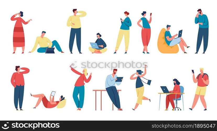 People using gadgets, characters holding smartphones or tablets. Students studying with laptop, talking on phone or texting vector set. Man and woman communicating and chatting via device. People using gadgets, characters holding smartphones or tablets. Students studying with laptop, talking on phone or texting vector set