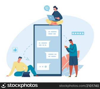 People using gadgets, chat and messaging in smartphone. Vector of conversation and chatting, message in internet illustration. People using gadgets, chat and messaging in smartphone