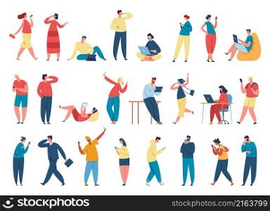 People using gadgets for enjoyable and working. Vector freelance sitting, online communication and enjoy, happy using gadget illustration. People using gadgets for enjoyable and working