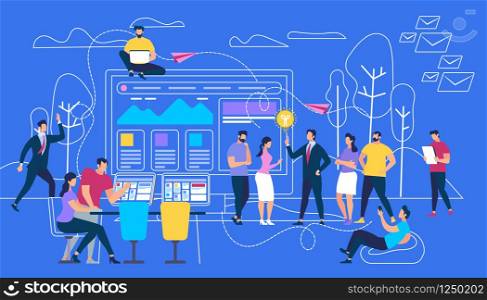 People Using Gadgets Walking Outdoors in Park on Blue Background with Outline Nature Elements and Huge Monitor. Internet Communication, Social Networking, Chatting. Cartoon Flat Vector Illustration. People Using Gadgets Walking Outdoors in Park
