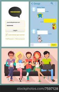 People using kakaotalk messenger vector, man and woman with smartphones and laptops chatting. Login and password, social network for teenagers talk. KakaoTalk Messenger, Friends Chatting on Sofa
