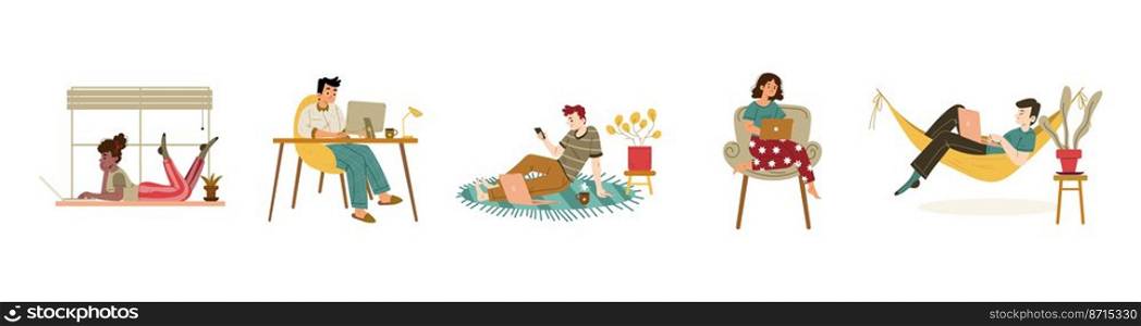 People using laptop, mobile phone and computer on sill, carpet, hammock and chair. Vector flat illustration with characters work with gadgets in home office. People using laptop, mobile phone and computer