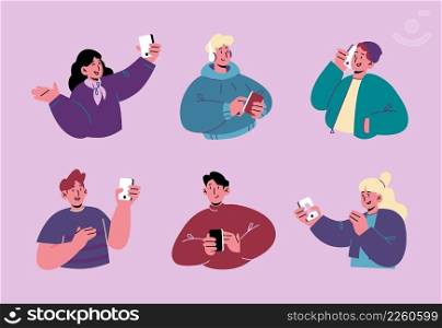 People using mobile phone. Concept of online communication, network and internet content. Vector flat illustration with happy men and women take selfie on smartphone, talking and texting messages. People using mobile phone, talking on smartphone
