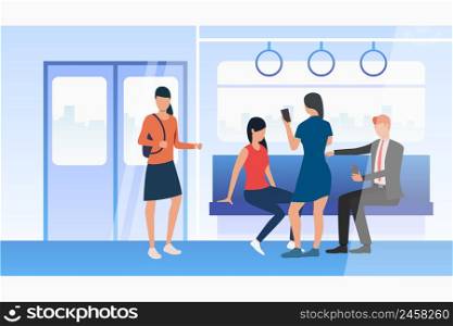 People using mobile phones in subway train. Men and women sitting and standing in carriage. Public transport concept. Vector illustration can be used for topics like passengers, city, commuting