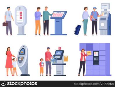 People using self ordering kiosk, info boards and checkout. Flat characters order food, tickets and get post at terminal stand vector set. Customers in supermarket at self checkout. People using self ordering kiosk, info boards and checkout. Flat characters order food, tickets and get post at terminal stand vector set