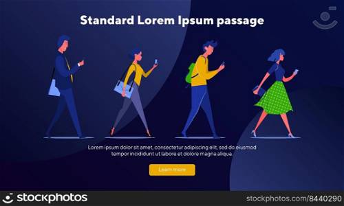 People using smartphone while walking. Reading message, listening to music flat vector illustration. Communication, cellphone users, internet concept for banner, website design or landing web page