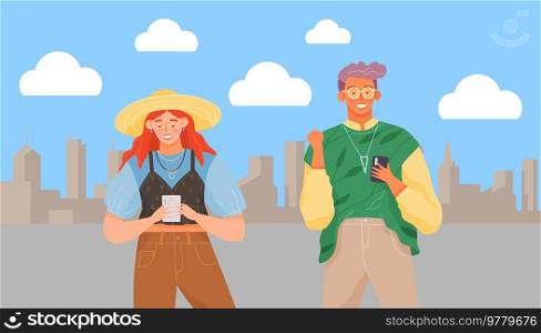 People using smartphones, gadget, mobile phone. People with cellular devices cartoon character. Mobile internet, social media. Taking selfie on smartphone. Modern communication technology. People using smartphones, gadget, mobile phone. Mobile internet, social media. Taking selfie on smartphone