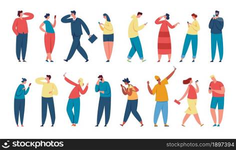 People using smartphones, young characters holding phone. Businessman talking on smartphone, men and women texting, taking selfie vector set. Boys and girls using social networks and messengers. People using smartphones, young characters holding phone. Businessman talking on smartphone, men and women texting, taking selfie vector set
