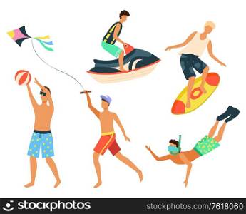 People using water transport for fun vector, isolated man standing on surfing board. Snorkeling diver wearing mask. Summertime sport. Kite sand jet machine summer activity. Summer People Relaxing by Seaside, Water Fun Set