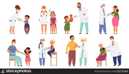 People vaccination. Flat sick child, vaccinations from flu virus. Cartoon doctor, hospital worker and young pediatrician vector characters. Illustration prevention vaccination flu, vaccine injection. People vaccination. Flat sick child, vaccinations from flu virus. Cartoon doctor, hospital worker and young pediatrician decent vector characters