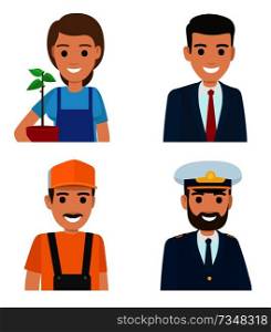 People vector icons set. Different professions cartoon characters in uniform half-length portraits isolated on white background. Occupations flat illustration for labor day, job concepts. Professions People Cartoon Characters Icons Set