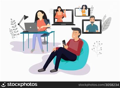 People video call meeting at home. by using phone, tablet, laptop. Via social media networks. for leaving comments in social networks. with guys and women image sticking out the screen.