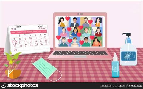 People video calls Online Valentine’s day the epidemic control covid19. at home on laptops. Composition on a desk. with Calendars medical masks, hand washing gels is a new normal, new way of life. 