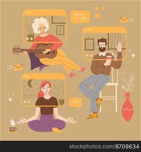 People video chat, virtual online conference, computer screens with characters meditate, playing guitar, drink coffee. Friends distant communication, quarantine Linear cartoon flat vector illustration. People video chat, virtual online conference on pc