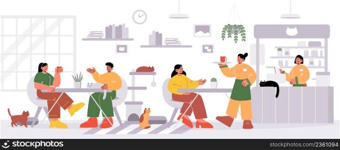 People visit cat cafe, male and female characters sitting at tables drinking beverages with kittens playing and relaxing around. Pets friendly hospitality, cozy place Line art vector illustration. People visit cat cafe characters sitting at tables