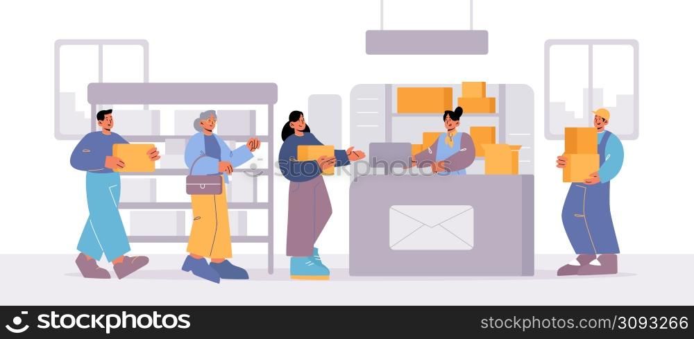 People visit post office. Men and women customers stand in queue on reception desk with worker giving parcels and man employee bring boxes. Mail delivery service, postage, Line art vector illustration. People visit post office, customers stand in queue