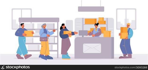 People visit post office. Men and women customers stand in queue on reception desk with worker giving parcels and man employee bring boxes. Mail delivery service, postage, Line art vector illustration. People visit post office, customers stand in queue