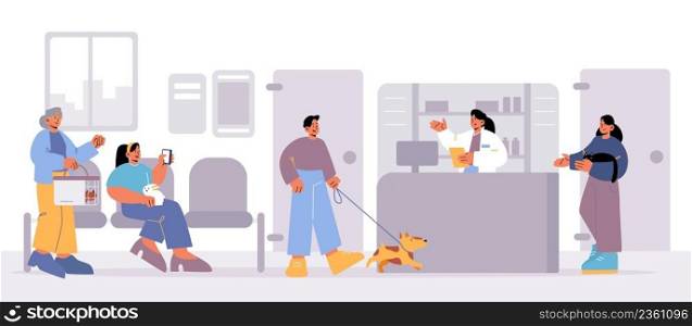 People visit vet clinic, pet owners with animals waiting in veterinary clinic queue sit on chairs in hospital interior with diseased dogs, cats and rabbit near counter, Line art vector illustration. People visit vet clinic, pet owners with animals