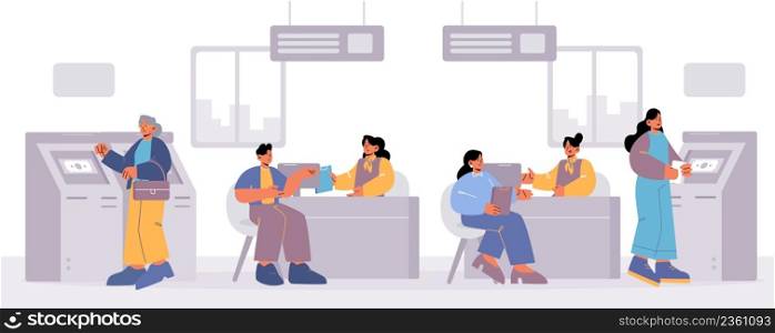 People visiting bank office, clients withdraw money at atm, talking to manager at reception desk about deposit or cash operation. Bankers providing services to customers, Line art vector illustration. People visiting bank office, clients at reception
