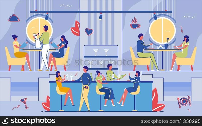 People Visiting Cafe. Men and Women Characters Drinking Beverages on Bar Counter with Barman Making Drinks in Modern Restaurant Interior. Leisure, Weekend Spare Time. Cartoon Flat Vector Illustration. People Visiting Cafe. Leisure, Weekend Spare Time