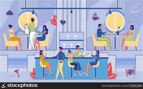 People Visiting Cafe. Men and Women Characters Drinking Beverages on Bar Counter with Barman Making Drinks in Modern Restaurant Interior. Leisure, Weekend Spare Time. Cartoon Flat Vector Illustration. People Visiting Cafe. Leisure, Weekend Spare Time