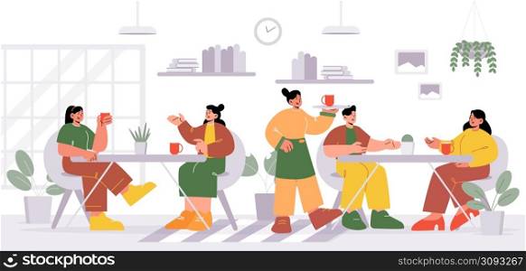 People visiting cafe, men and women sitting at tables drinking beverages, communicate and meet with friends. Visitors relax in coffee shop with waitress serve clients, Line art vector illustration. People visiting cafe, men and women sit at tables
