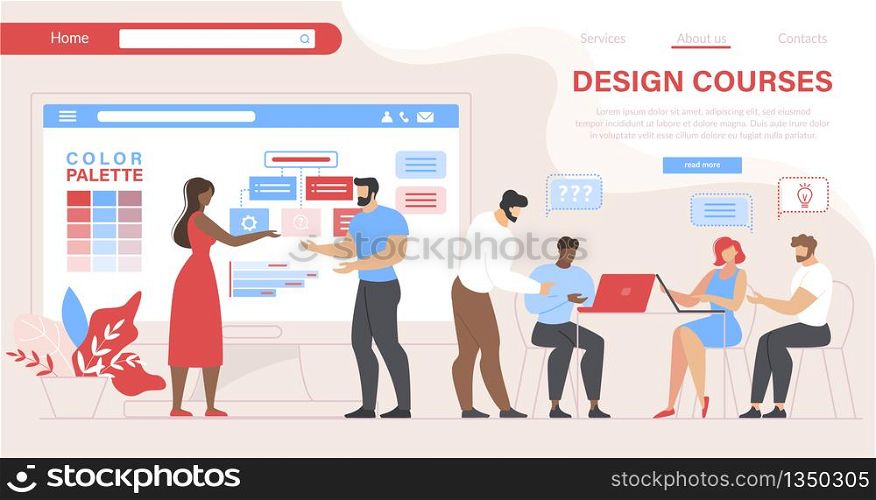People Visiting Design Courses. Group of Students Sitting at Desk with Laptops Study Color Palette, Teachers Giving Information on Screen in Class Cartoon Flat Vector Illustration, Horizontal Banner. People Visiting Design Courses. Education in Class