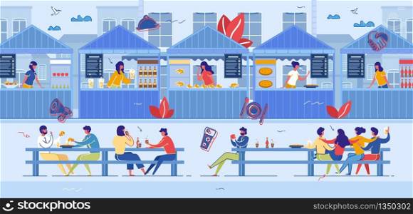 People Visiting Food Court for Buying Food. Pizza, Bakery, Drinks Kiosks Offer Different Meals, Family Spare Time, Weekend, Hospitality. Characters in Fast Food Cafe, Cartoon Flat Vector Illustration. People Visiting Food Court for Buying Food, Fair