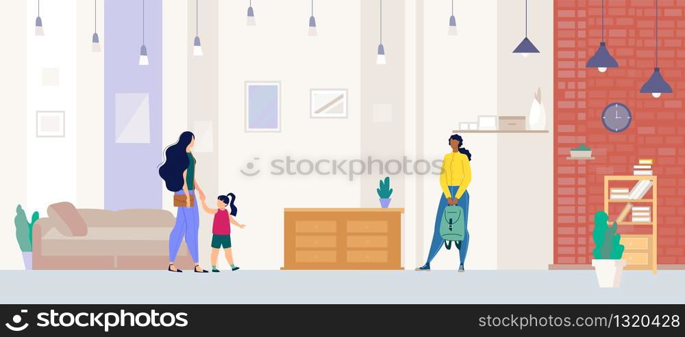 People Visiting Home Furniture Shop, Interior Design Studio Saloon Showroom, Realtor Shoving Comfortable, Roomy Apartment with Comfortable Furniture to Female Buyer with Child Vector Illustration