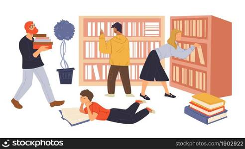 People visiting public library or shop with books, personages preparing for exams or having fun and recreation. Knowledge and education, enjoying stories and fantasy plots. Vector in flat style. Public library people reading books for school