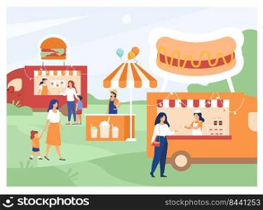 People visiting street food fair. Parents and children buying fast food in trucks outdoors. Can be used for summer food festival, park event concept