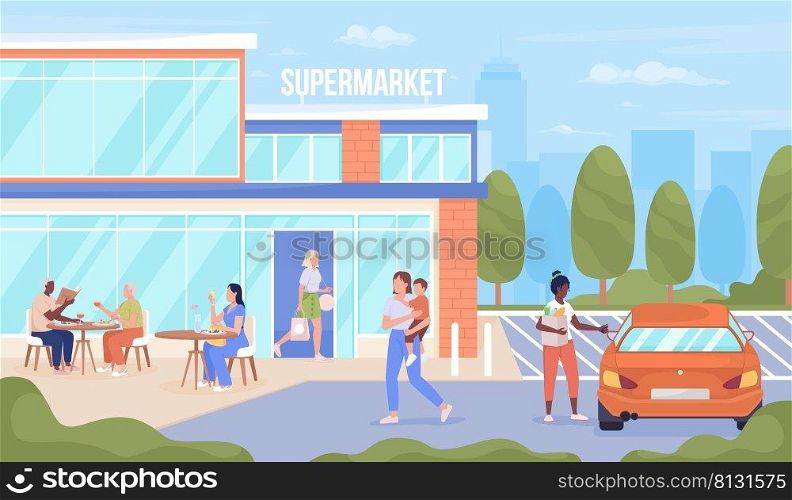People visiting urban supermarket flat color vector illustration. Grocery and products retailer. Fully editable 2D simple cartoon characters with town on background. Bebas Neue font used. People visiting urban supermarket flat color vector illustration