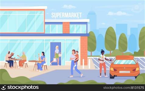 People visiting urban supermarket flat color vector illustration. Grocery and products retailer. Fully editable 2D simple cartoon characters with town on background. Bebas Neue font used. People visiting urban supermarket flat color vector illustration