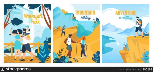 People Visiting Waterfall Park. Tourist Group during Mountain Hiking. Summer Trip and Adventures Calling. Advertising Banners or Posters Flat Set. Tour Agency. Vector Cartoon Illustration. Waterfall Park, Hiking Summer Adventures Flat Set