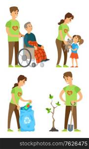 People volunteers set, man and woman activists seedling tree, cleaning plastic, helping disabled pensioner, sharing toy to orphan, volunteering vector. Flat cartoon. Volunteering People, Person Activist, Help Vector