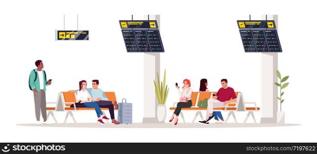 People wait for flight semi flat RGB color vector illustration. Woman sit on chair in lobby. Man in airport terminal. Airplane passengers isolated cartoon character on white background