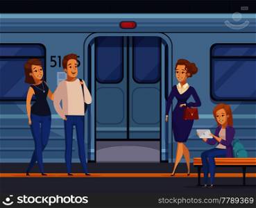 People waiting at subway underground station with open metro train doors on background cartoon composition vector illustration. Subway Underground Station Passengers Cartoon