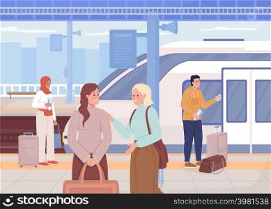 People waiting at train station flat color vector illustration. Modern urban lifestyle. Railway station. Public area. Passengers 2D simple cartoon characters with cityscape on background. People waiting at train station flat color vector illustration