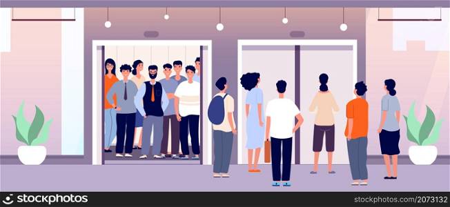 People waiting elevator. Crowd stands, persons front closed lift doors. Characters in office hall, hotel or mall utter vector illustration. People waiting elevator, passenger crowd. People waiting elevator. Crowd stands, persons front closed lift doors. Characters in office hall, hotel or mall utter vector illustration