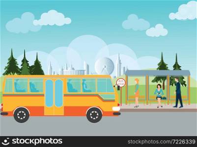 People waiting for a bus at the bus stop,conceptual vector illustration.