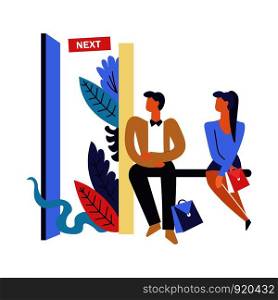 People waiting for boss to interview them, searching for job vector. Man and woman sitting on bench, worrying about results. Female and male nervously looking at door, foliage and leaves decor. People waiting for boss to interview them, searching for job