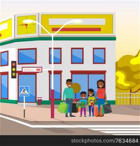 People waiting for green light to cross road, family father mother and kid. Cityscape with parents and children, citizens of town house and park. Vector illustration in flat cartoon style. Cityscape People Family in City Traffic Lights