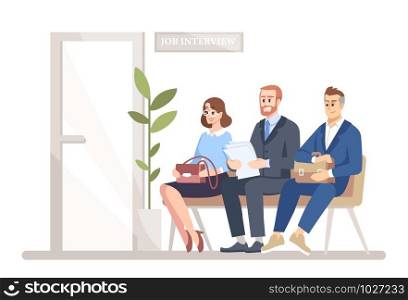 People waiting for job interview flat vector illustration. Smiling men, woman, vacancy candidates sitting under HR manager office door. Unemployed isolated cartoon characters on white background