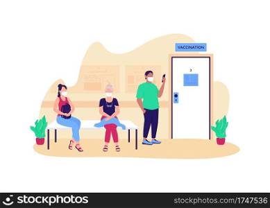 People waiting for vaccination flat concept vector illustration. Women and man in medical masks. Patients in clinic corridor 2D cartoon characters for web design. Immunization creative idea. People waiting for vaccination flat concept vector illustration