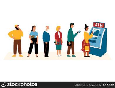 People waiting in line near atm machine. Flat cartoon vector illustration, isolated on white background.