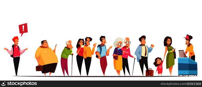 People waiting in long queue at counter with fat man hipster old young couples kid  vector illustration . Queue People Characters